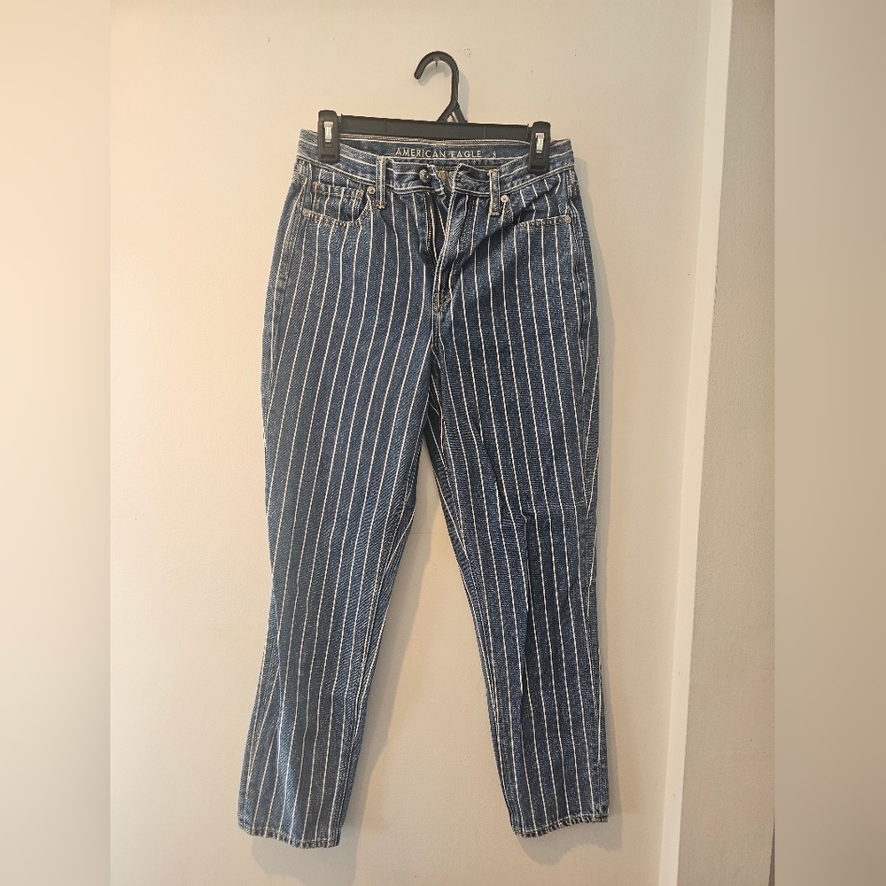 American Eagle Mom Jeans Striped Denim High Rise Blue Size 2